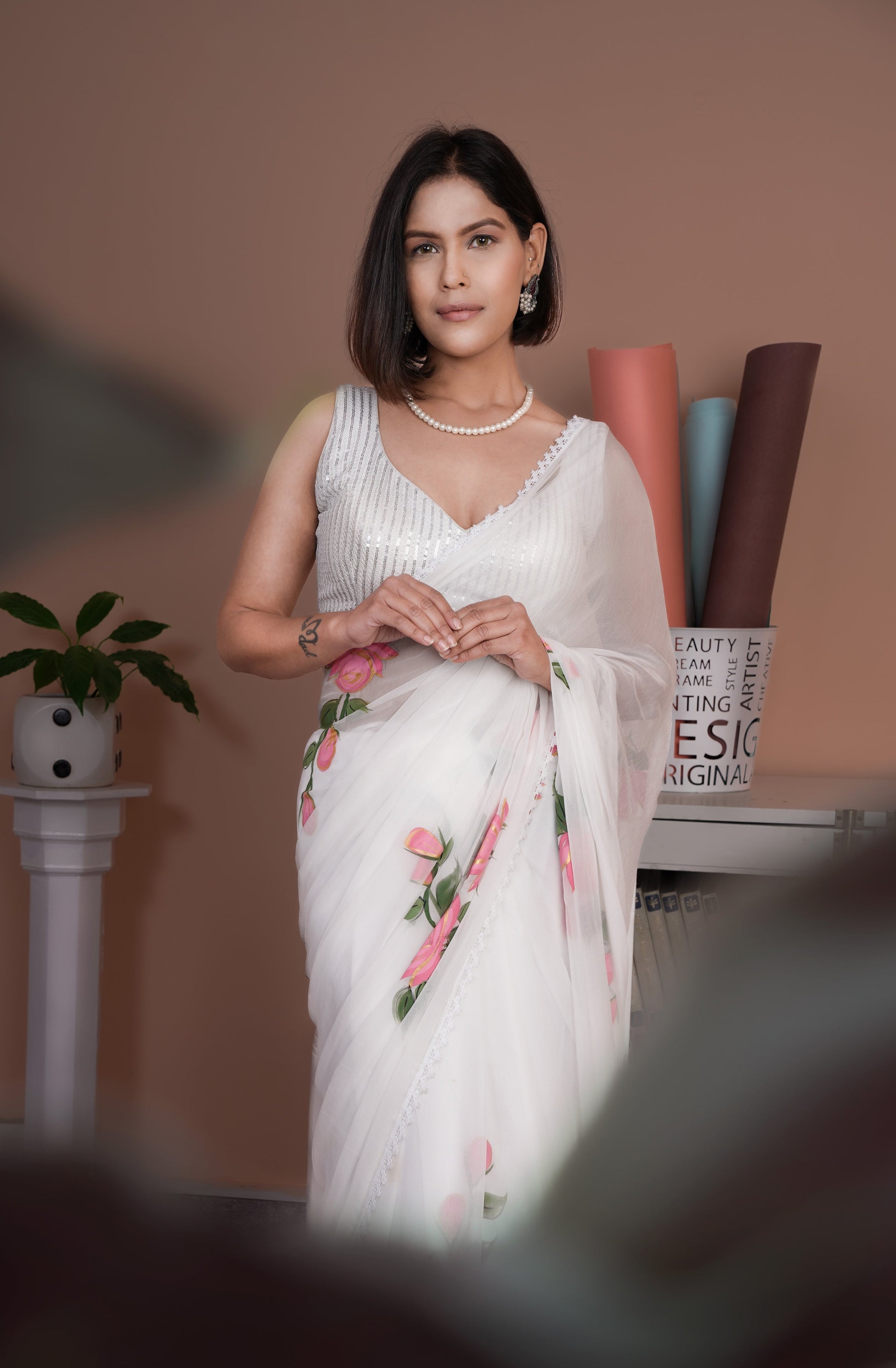 Serene White Chiffon Handpainted Saree Lace Border Floral