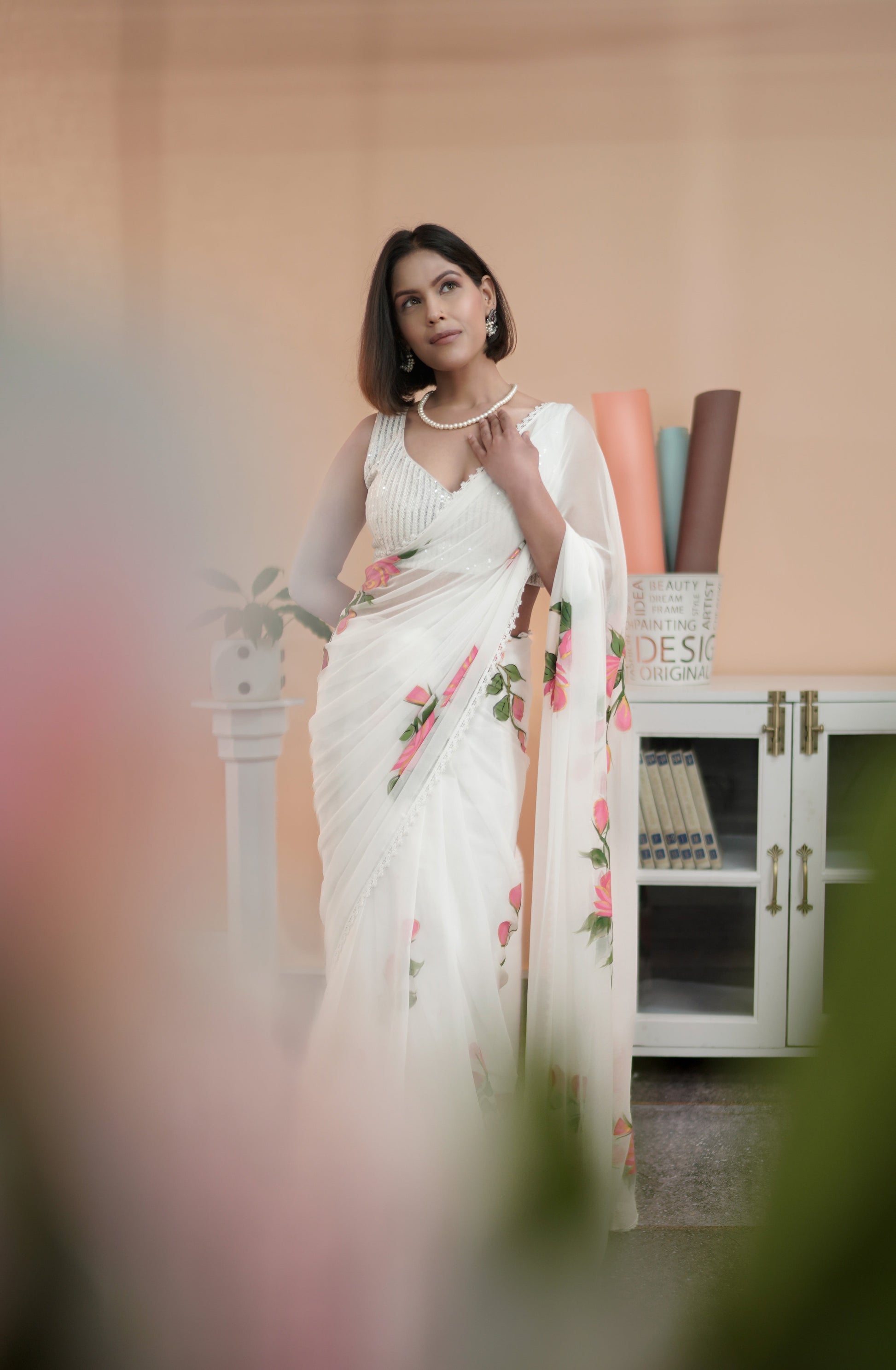 Serene White Chiffon Handpainted Saree Lace Border Floral
