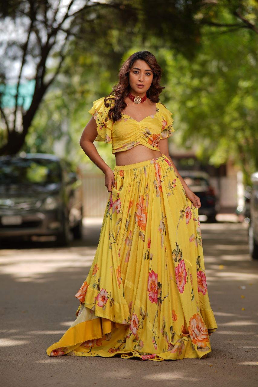 Yellow Floral Georgette Lehenga for Haldi - Festive Lehenga