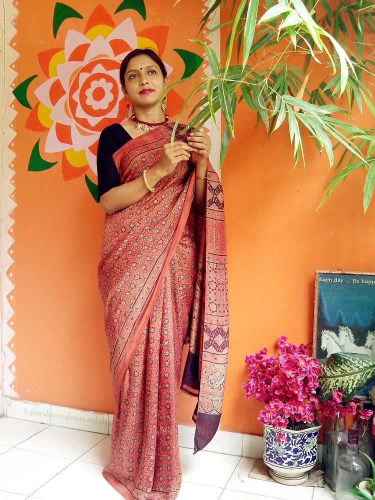 Hisbicious Red Mulberry Silk Ajrakh Handblock Saree Nature Inspired
