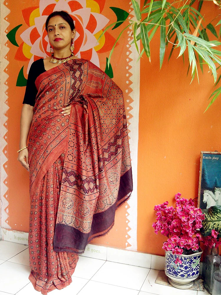 Hisbicious Red Mulberry Silk Ajrakh Handblock Saree Nature Inspired