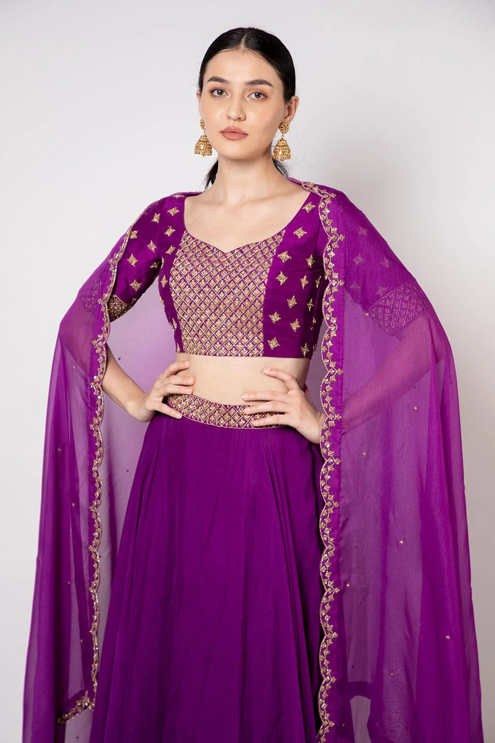 Modern Purple Organza Raw Silk Lehenga with Zardosi Work
