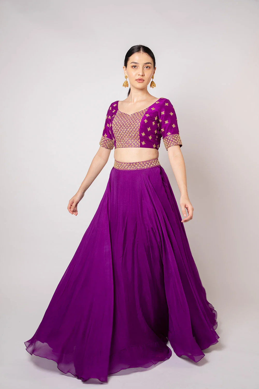 Modern Purple Organza Raw Silk Lehenga with Zardosi Work