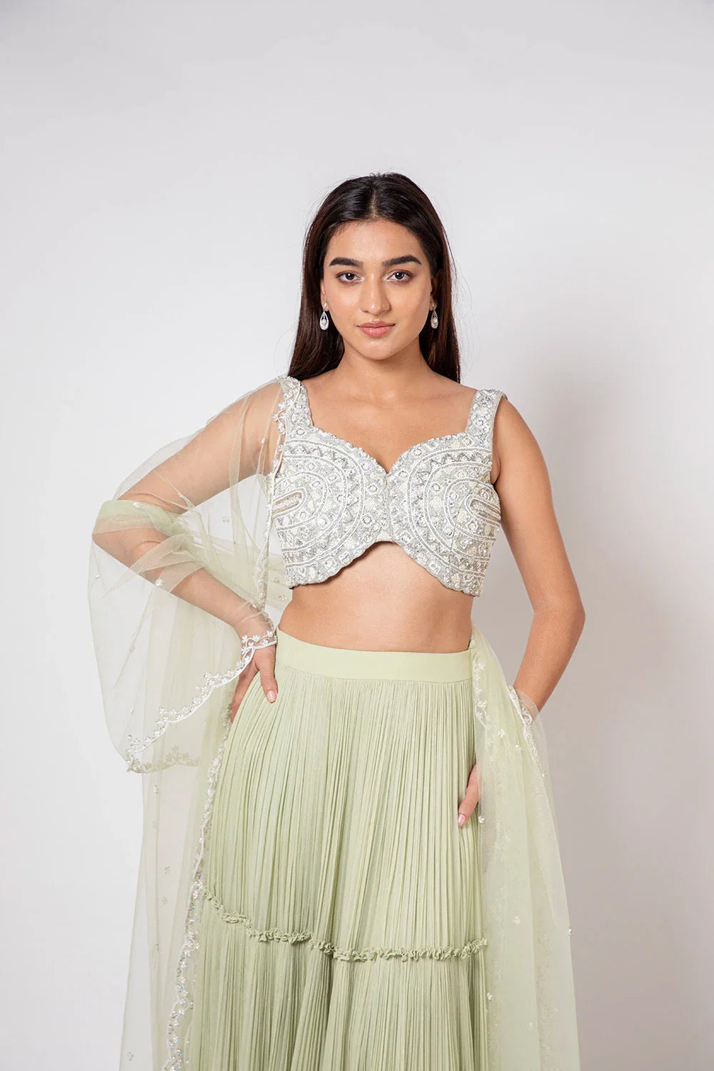 Elegant Pista Green Georgette Net Lehenga Pearl Embroidery