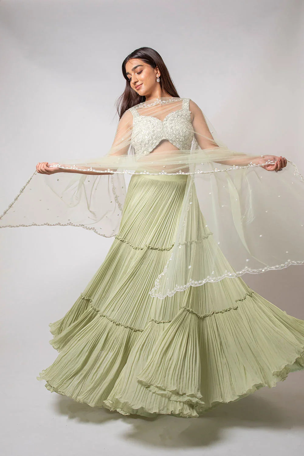 Elegant Pista Green Georgette Net Lehenga Pearl Embroidery