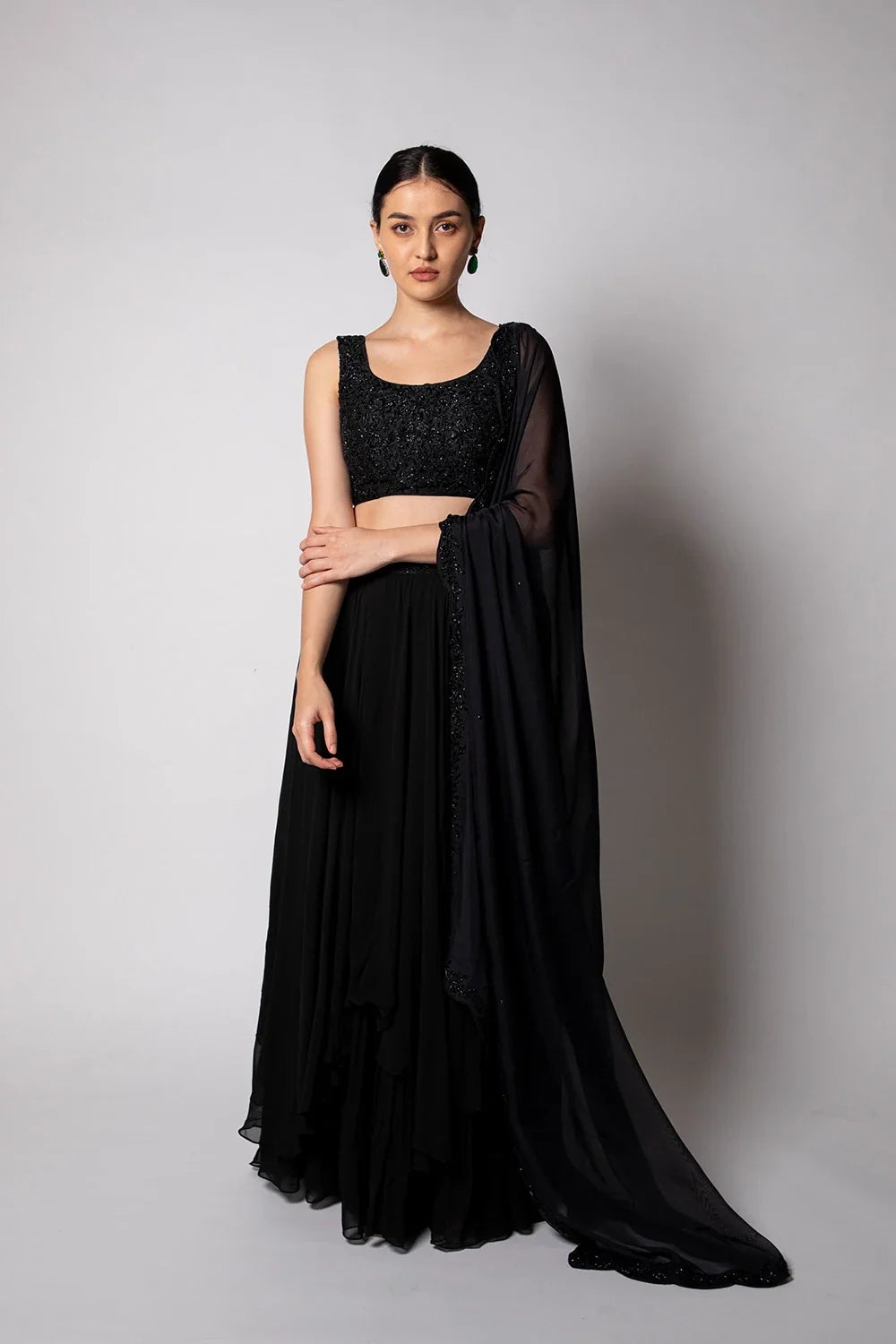 Elegant Black Raw Silk Georgette Self Embroidered Lehenga Set