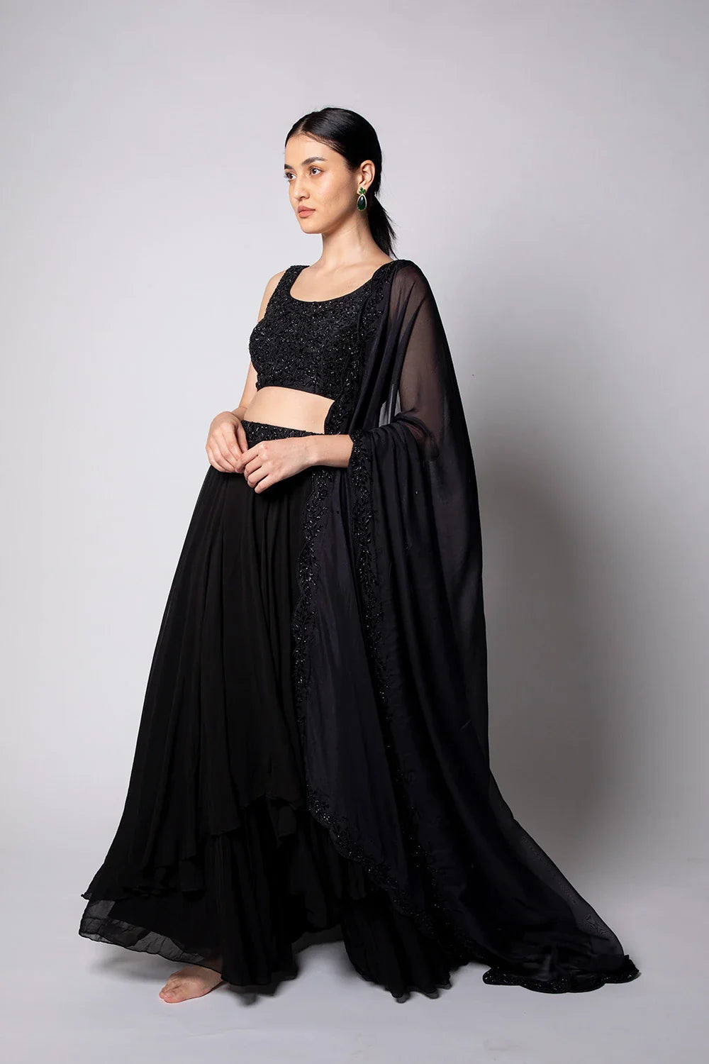 Elegant Black Raw Silk Georgette Self Embroidered Lehenga Set