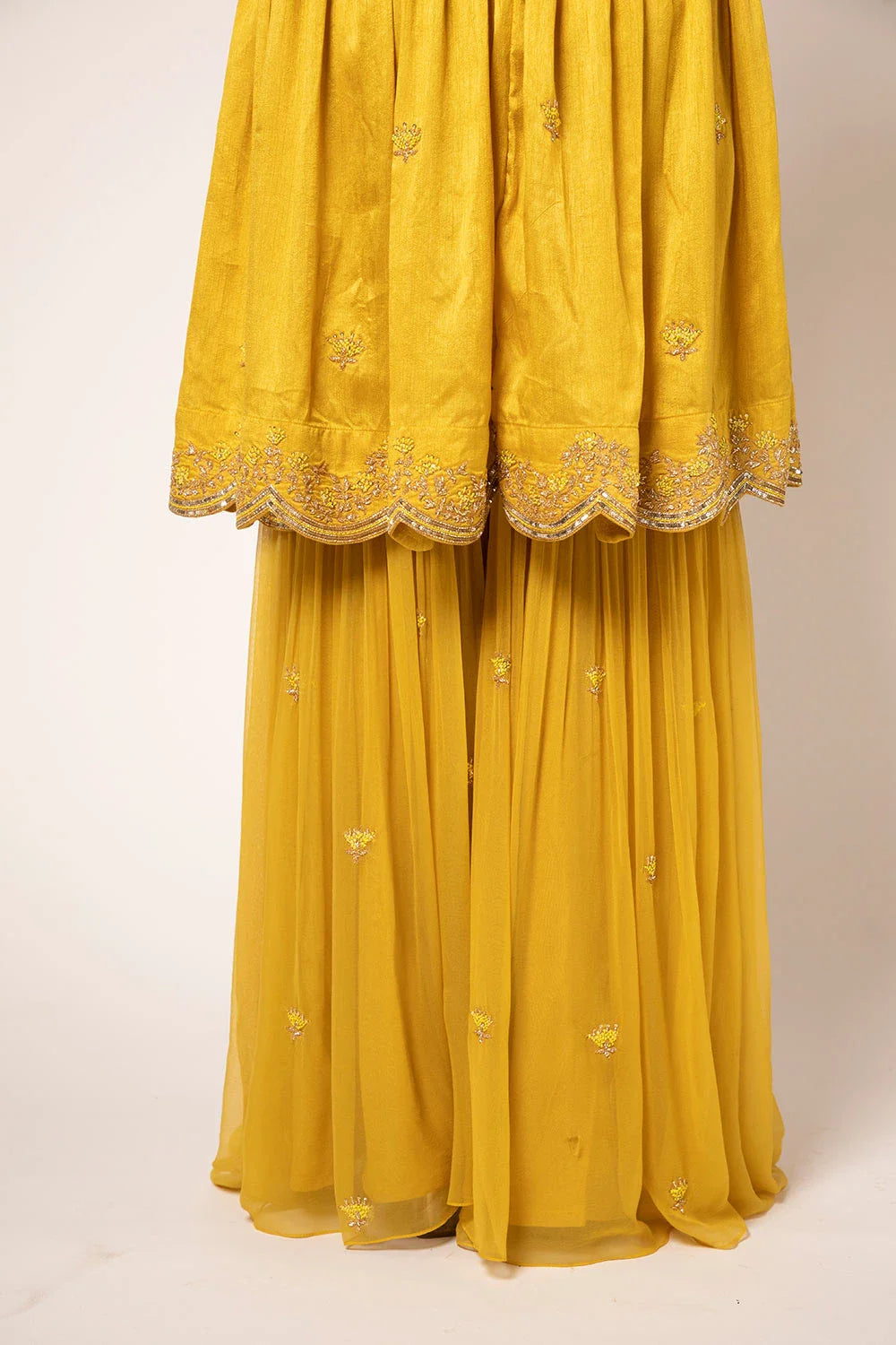 Elegant Mustard Yellow Dupion Silk Handwork Sharara Set