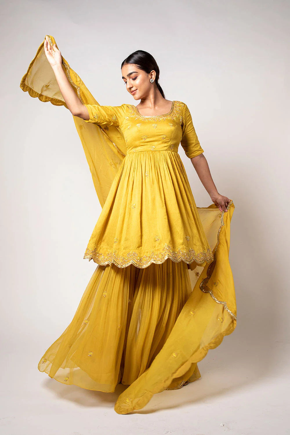 Elegant Mustard Yellow Dupion Silk Handwork Sharara Set