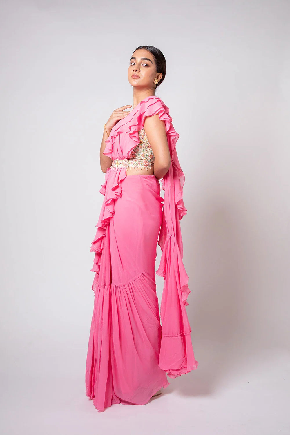 Chic Pink Georgette Pre-draped Ruffled Saree Pearl Embroidery