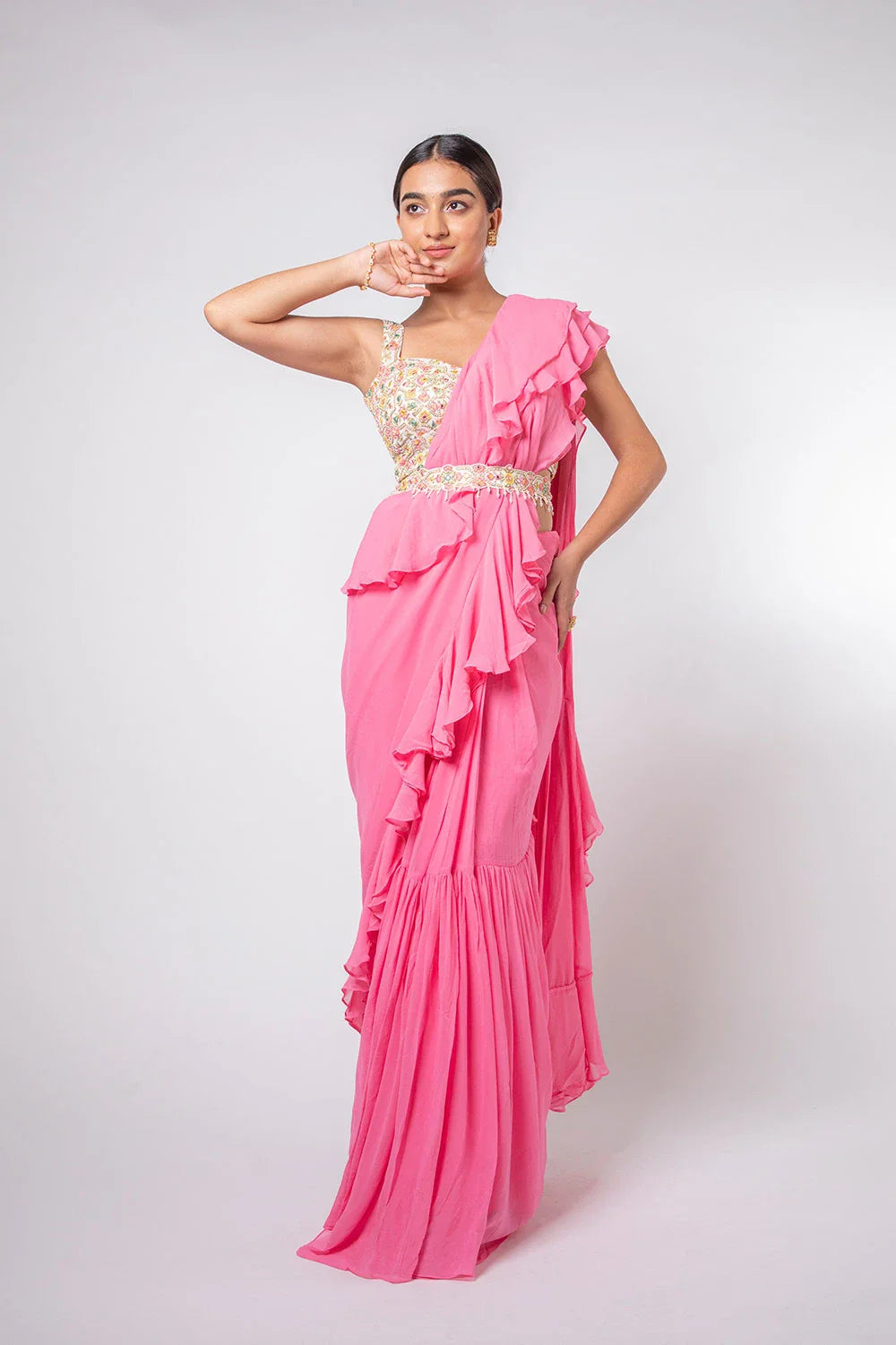 Chic Pink Georgette Pre-draped Ruffled Saree Pearl Embroidery