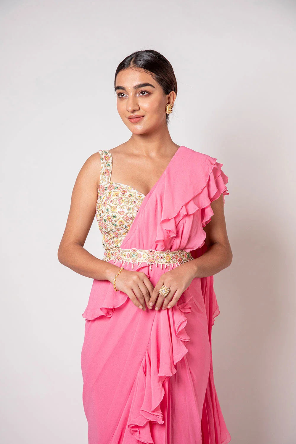 Chic Pink Georgette Pre-draped Ruffled Saree Pearl Embroidery