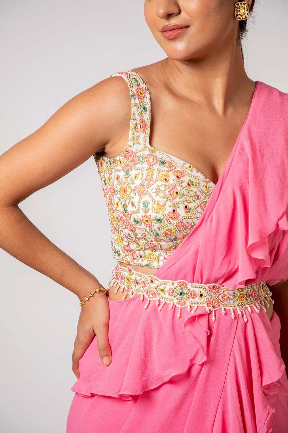 Chic Pink Georgette Pre-draped Ruffled Saree Pearl Embroidery