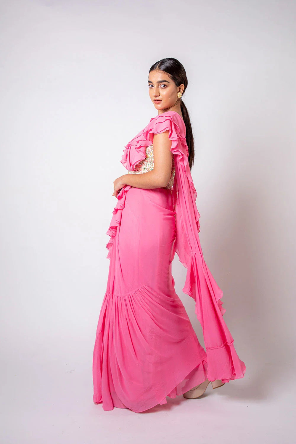 Chic Pink Georgette Pre-draped Ruffled Saree Pearl Embroidery