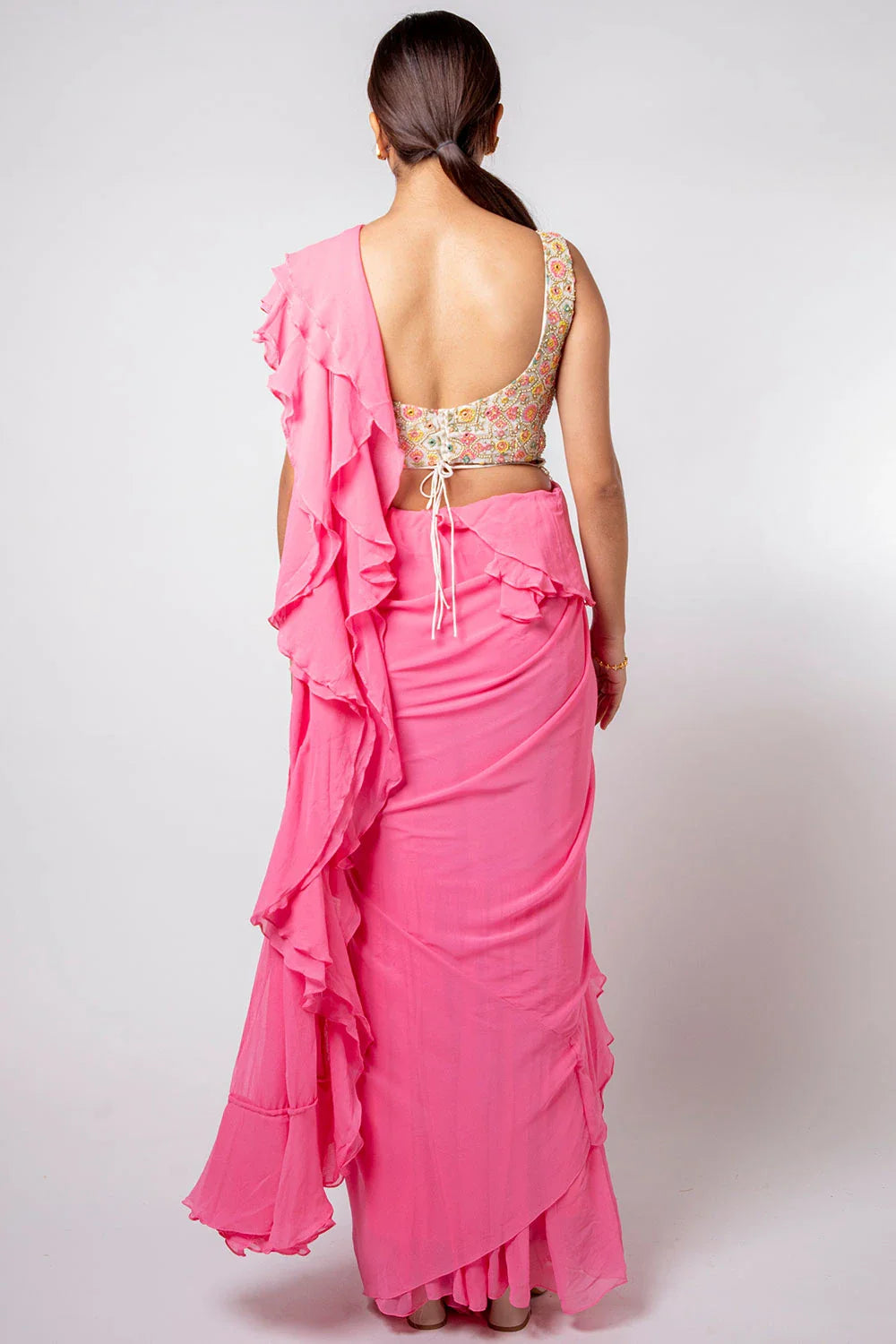 Chic Pink Georgette Pre-draped Ruffled Saree Pearl Embroidery