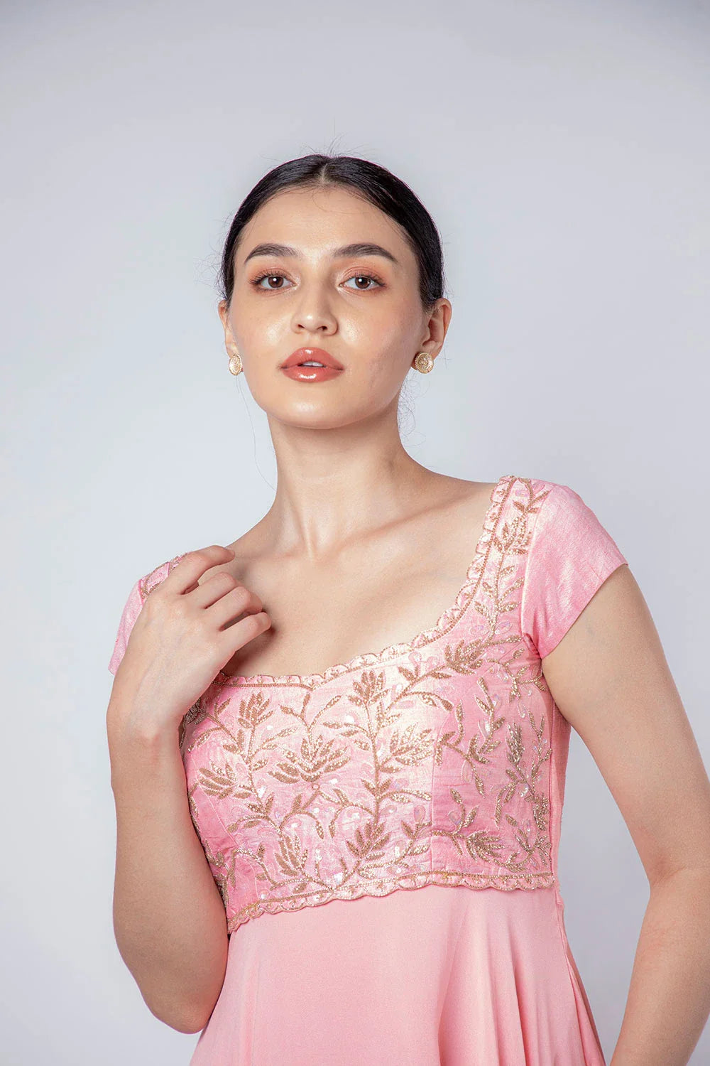 Chic Peach Pink Raw Silk Georgette Embellished High-Low Gown