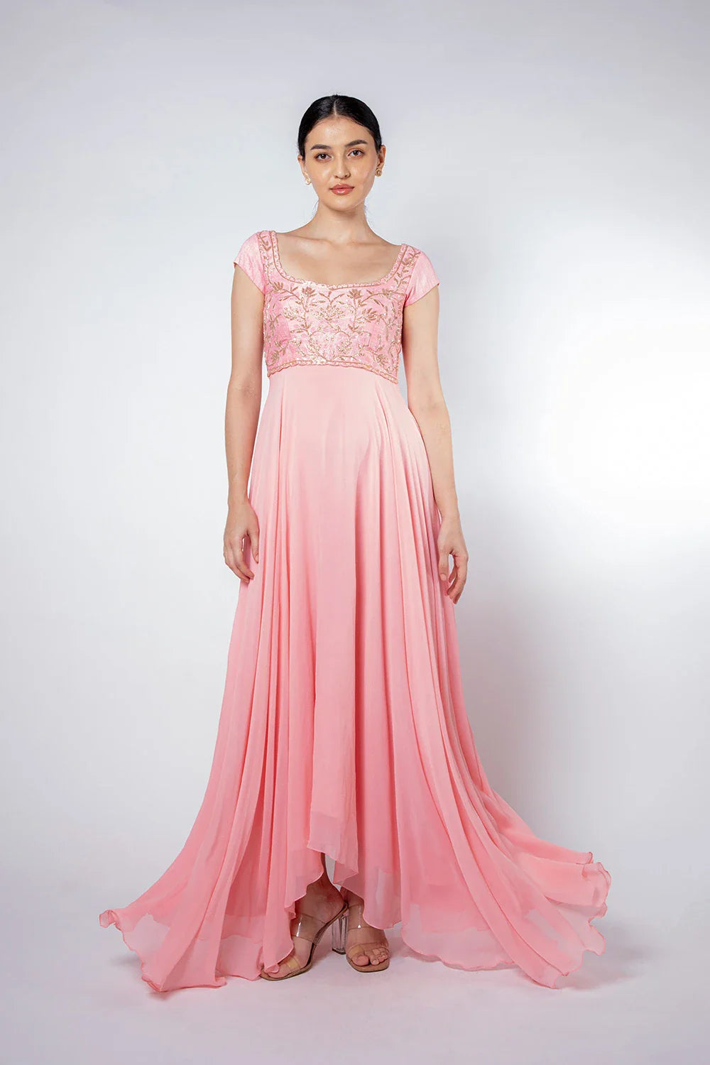 Chic Peach Pink Raw Silk Georgette Embellished High-Low Gown