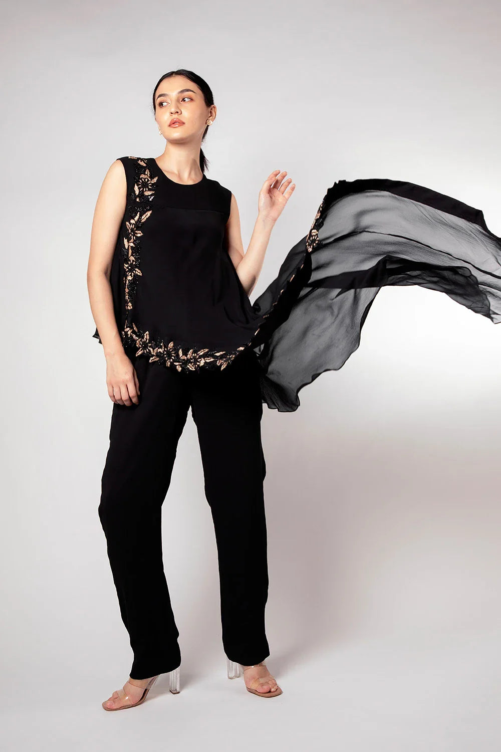 Sophisticated Black Georgette Flared Jumpsuit Cutdana Work