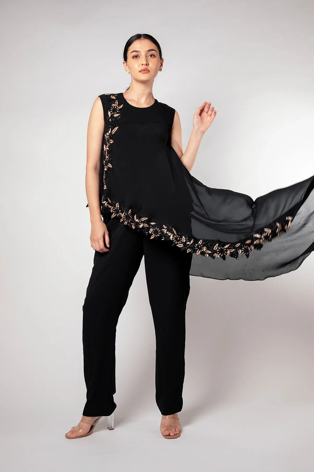 Sophisticated Black Georgette Flared Jumpsuit Cutdana Work
