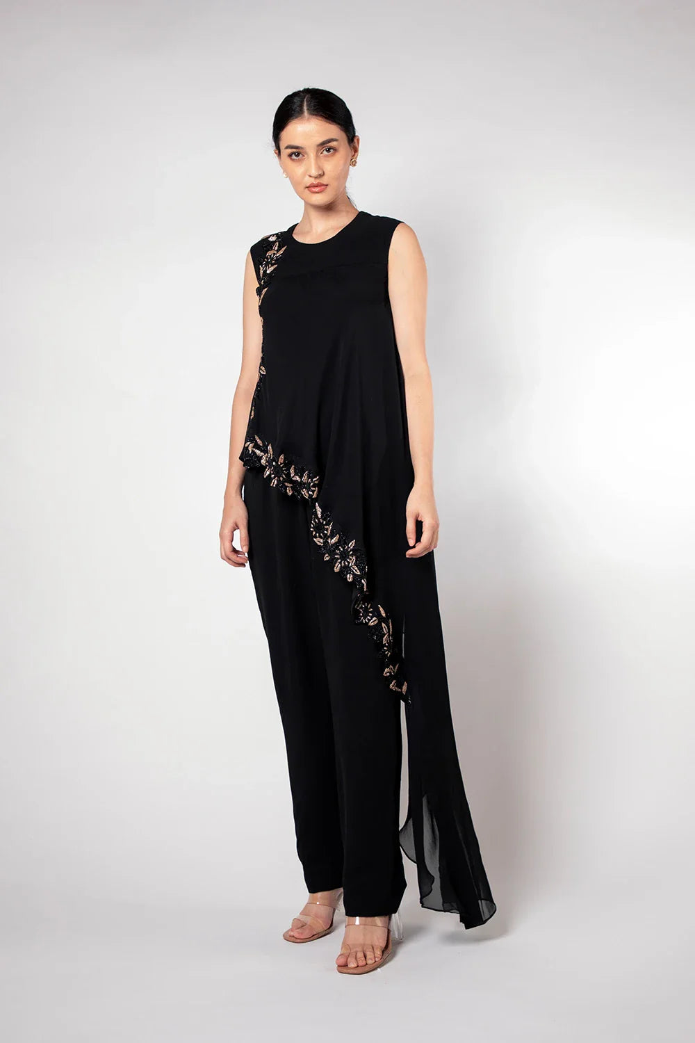 Sophisticated Black Georgette Flared Jumpsuit Cutdana Work