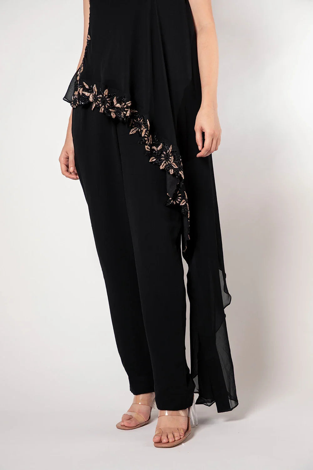 Sophisticated Black Georgette Flared Jumpsuit Cutdana Work