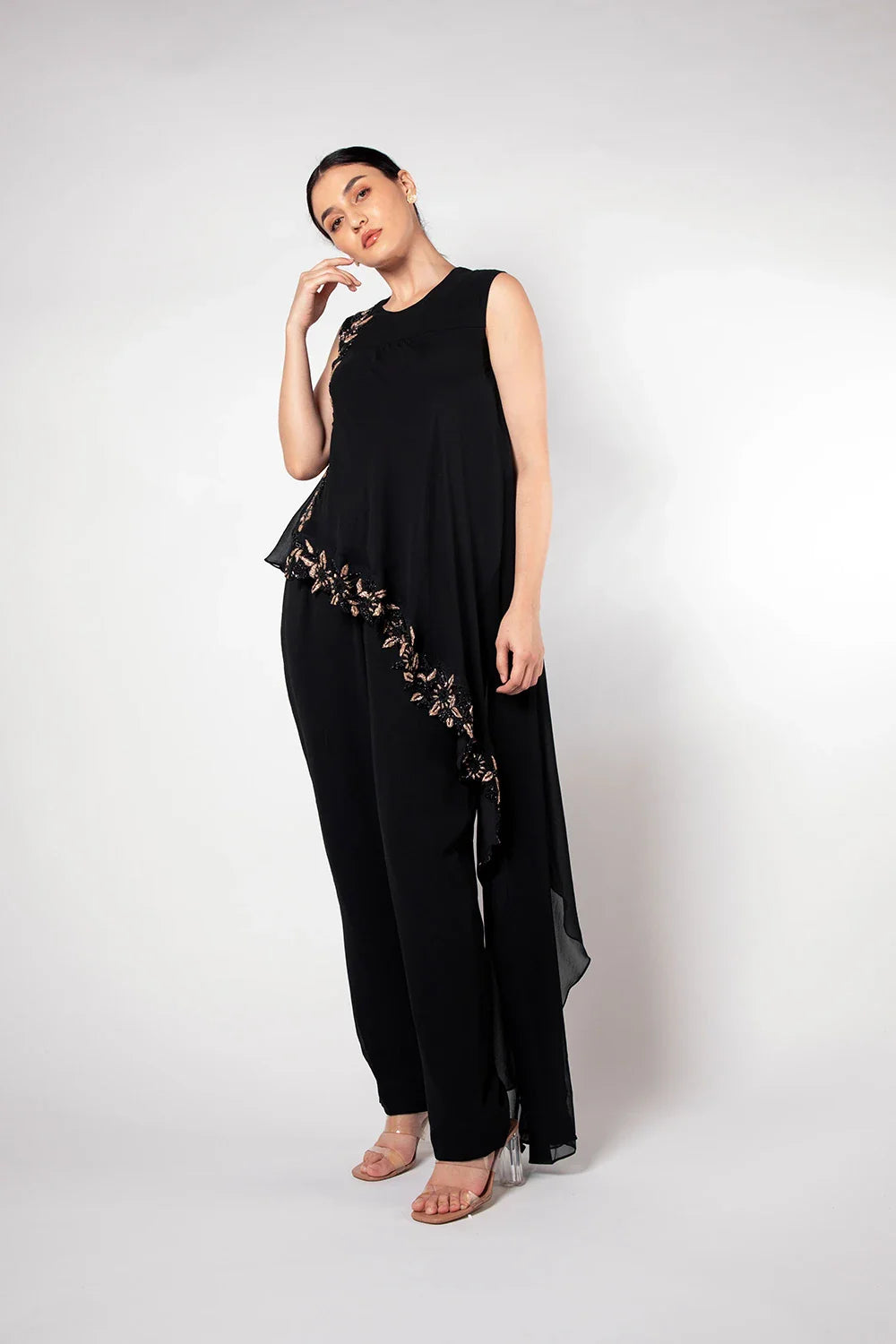 Sophisticated Black Georgette Flared Jumpsuit Cutdana Work