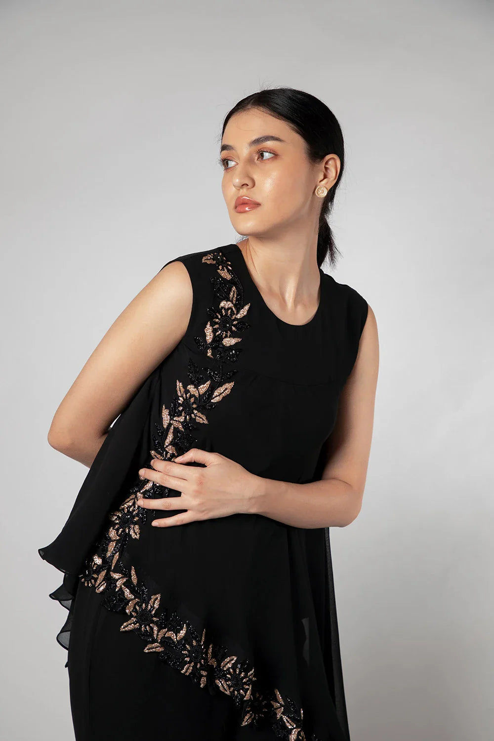 Sophisticated Black Georgette Flared Jumpsuit Cutdana Work