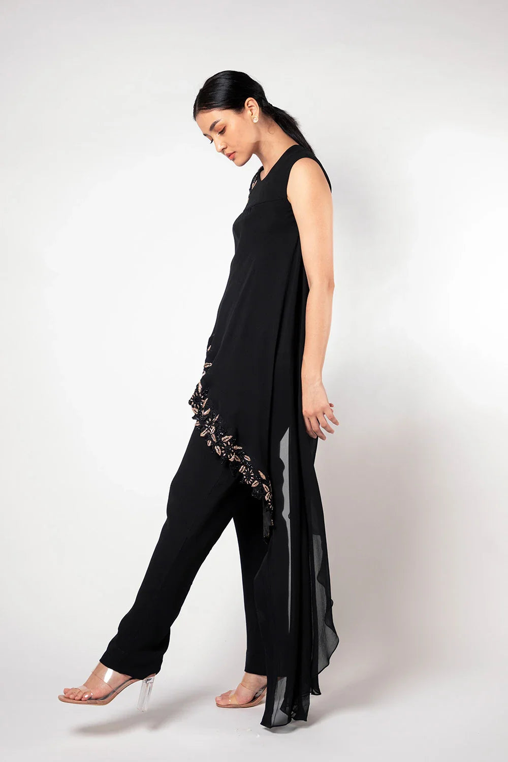 Sophisticated Black Georgette Flared Jumpsuit Cutdana Work