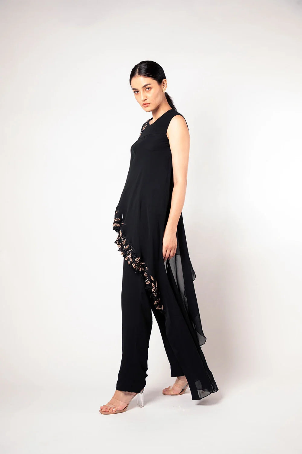 Sophisticated Black Georgette Flared Jumpsuit Cutdana Work