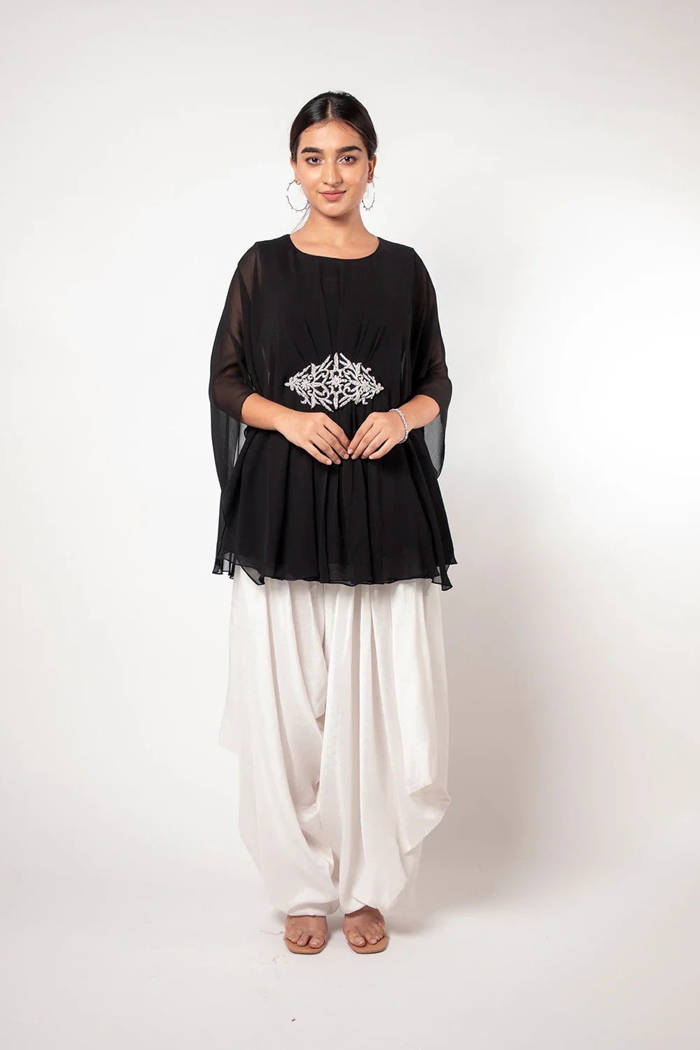 Stylish Jet Black Georgette Flared Top with Cutdana Work