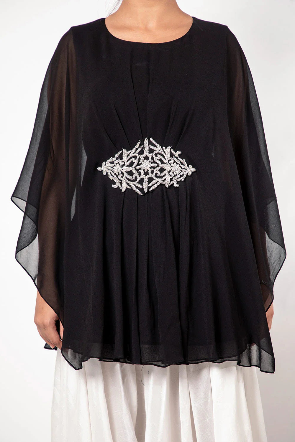 Stylish Jet Black Georgette Flared Top with Cutdana Work