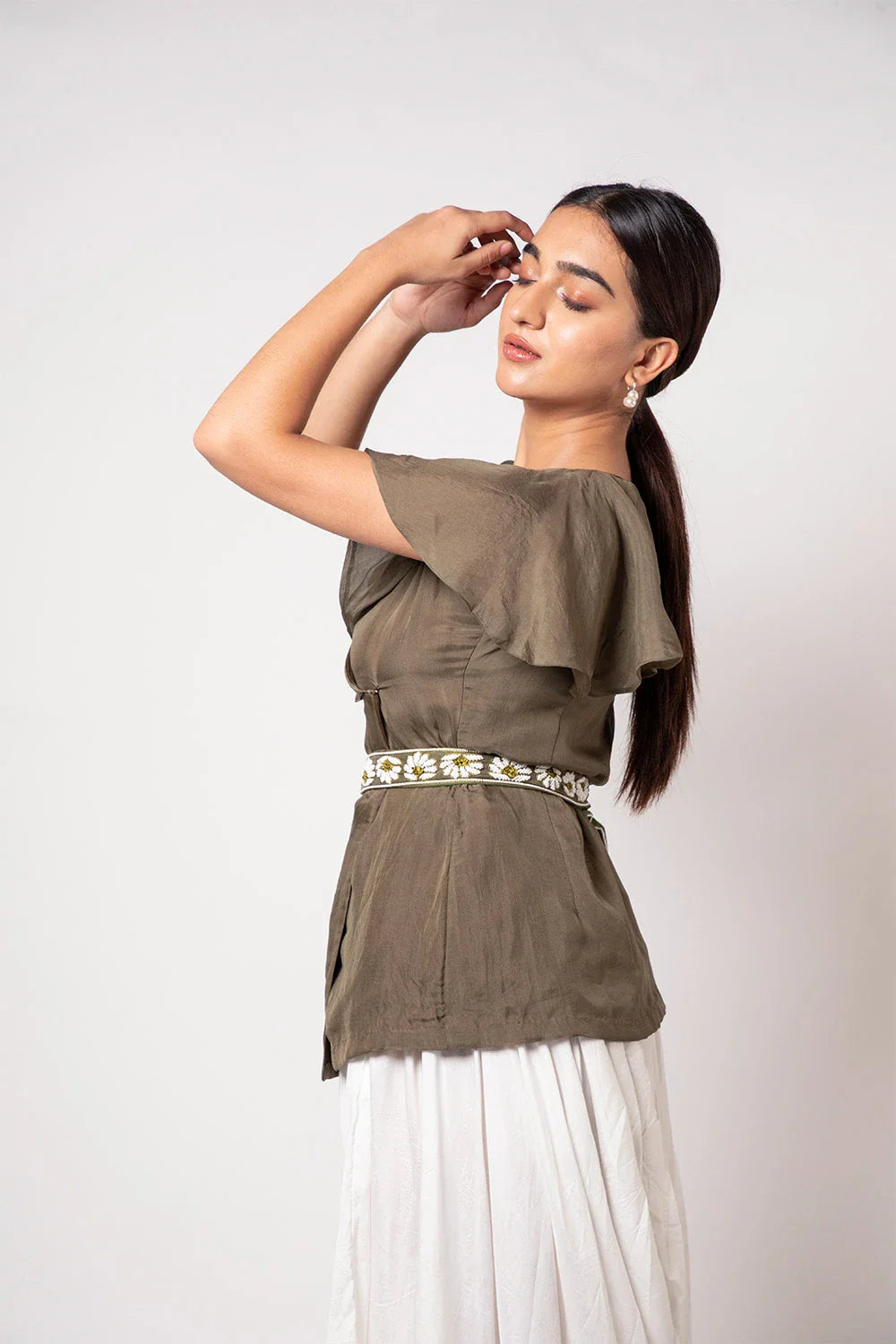 Elegant Olive Green Organza Top with Detachable Pearl Belt