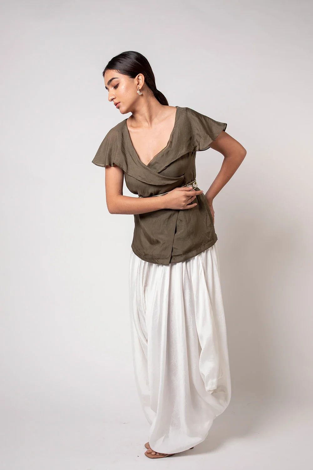 Elegant Olive Green Organza Top with Detachable Pearl Belt