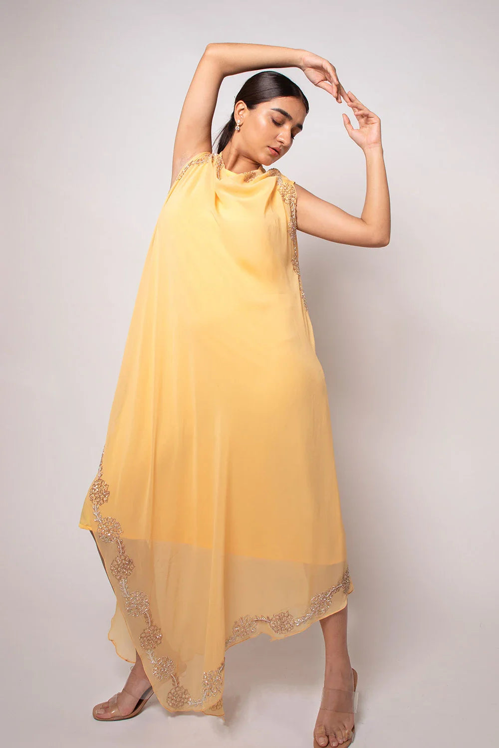 Statement Lemon Yellow Georgette Asymmetric Embroidered Cape Gown