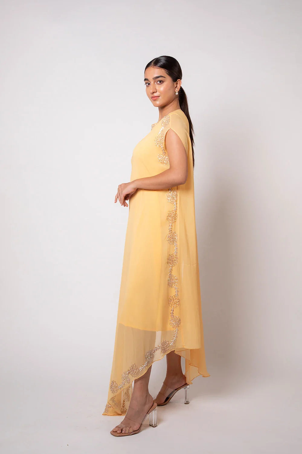 Statement Lemon Yellow Georgette Asymmetric Embroidered Cape Gown