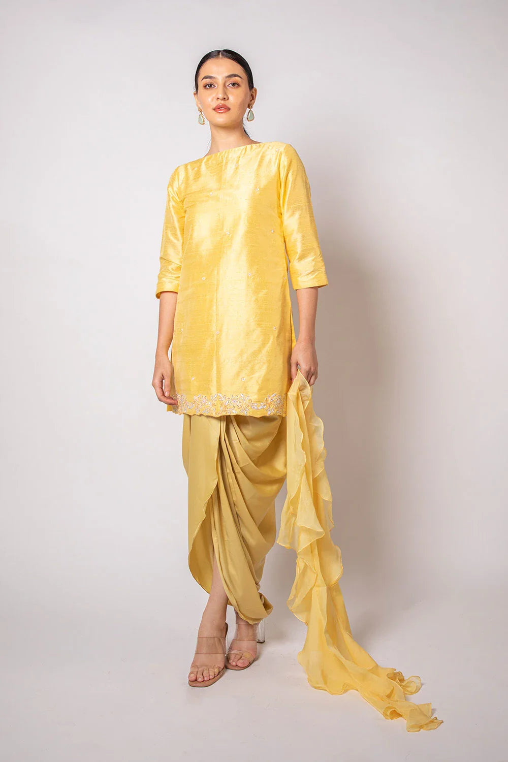 Elegant Yellow Raw Silk Handwork Kurti with Satin Dhoti Set