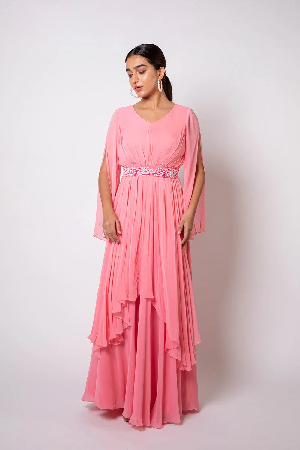 Stylish Peach Pink Georgette Flared Long Gown Pearl Belt