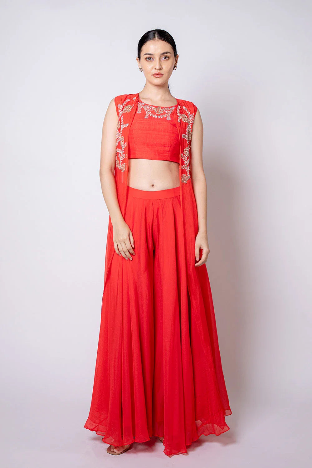 Elegant Red Orange Raw Silk Organza Palazzo Cape Set Cutdana