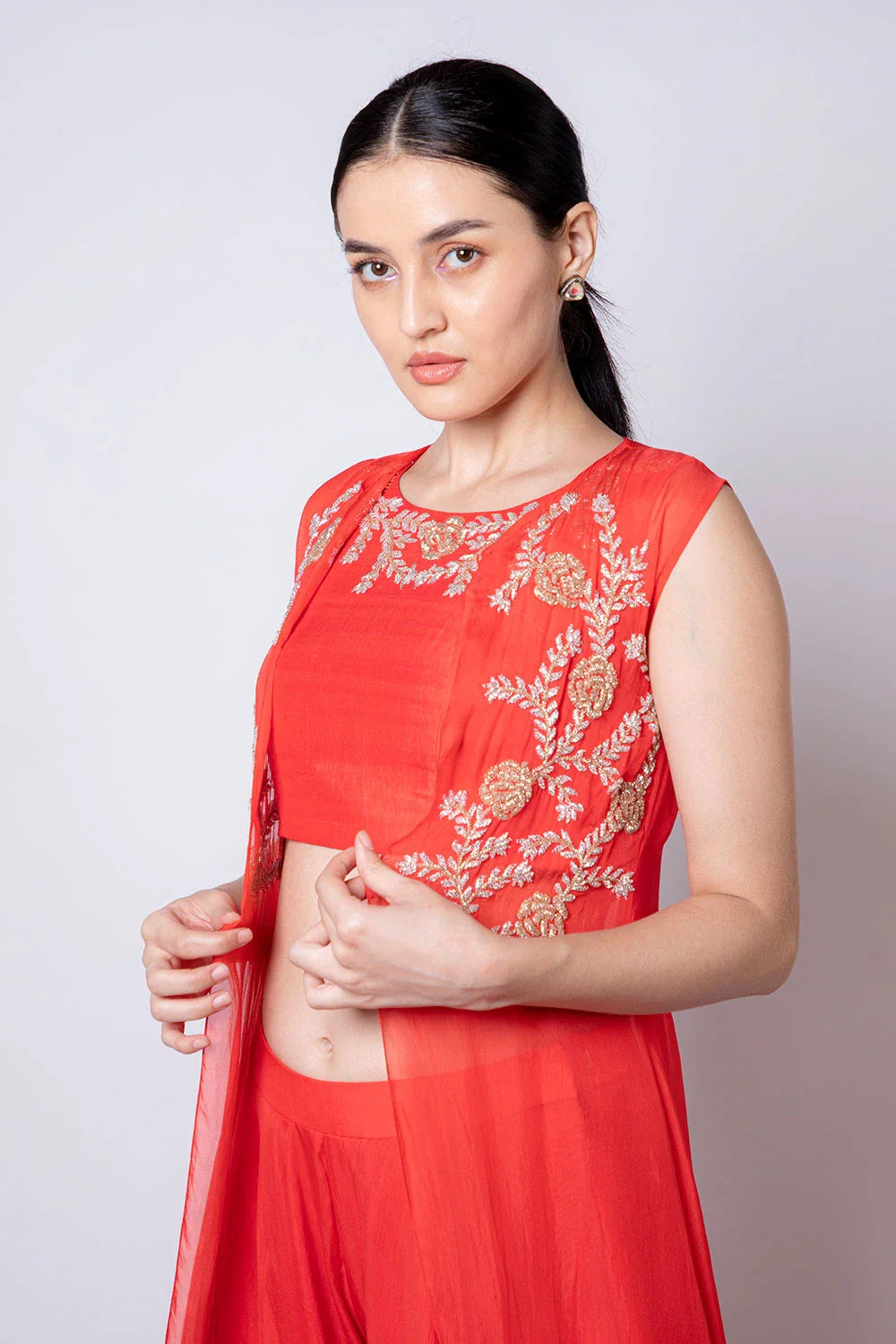 Elegant Red Orange Raw Silk Organza Palazzo Cape Set Cutdana