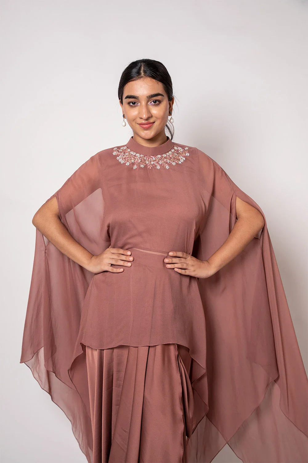Luxurious Brown Georgette Cape with Satin Draped Dhoti Set