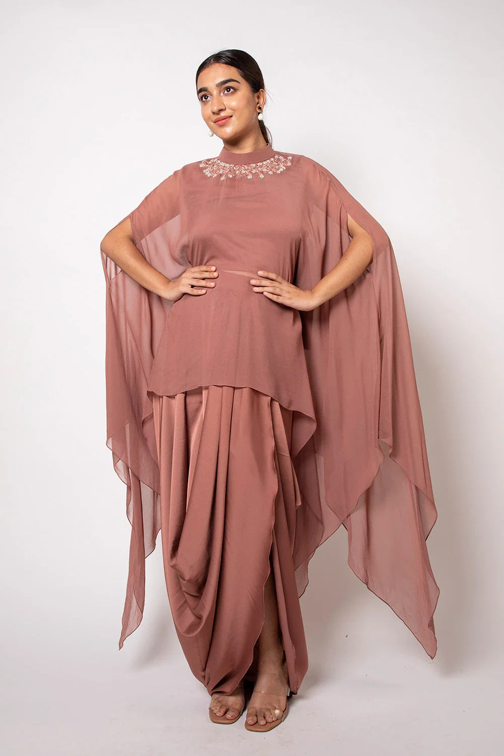 Luxurious Brown Georgette Cape with Satin Draped Dhoti Set