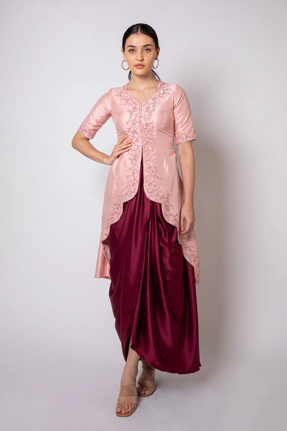 Elegant Pink Raw Silk Scalloped Cape Maroon Satin Dhoti Set