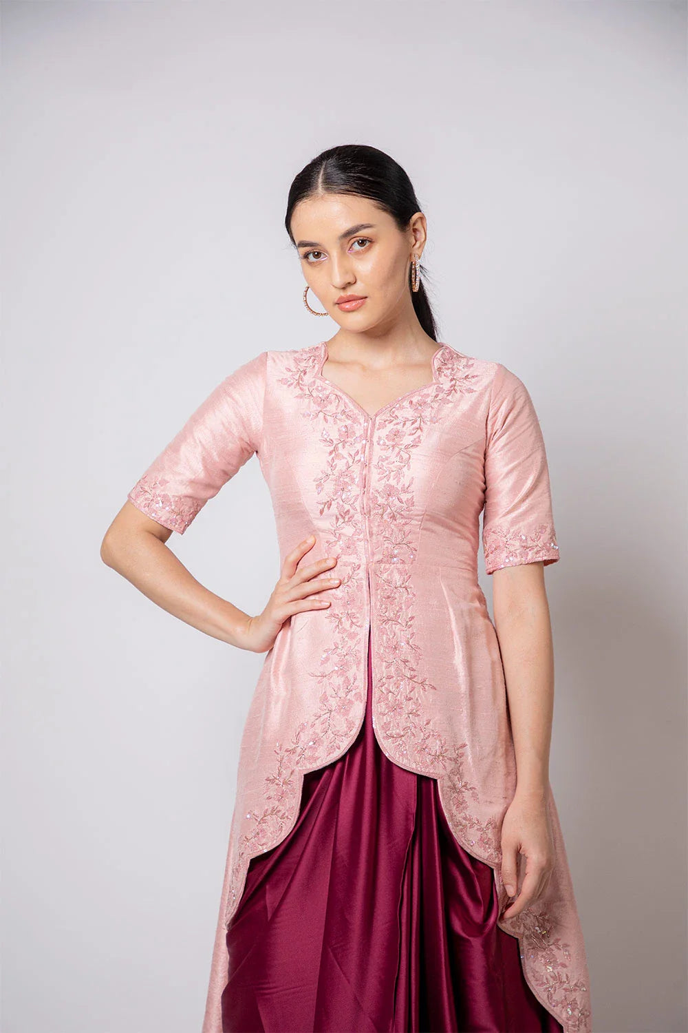 Elegant Pink Raw Silk Scalloped Cape Maroon Satin Dhoti Set
