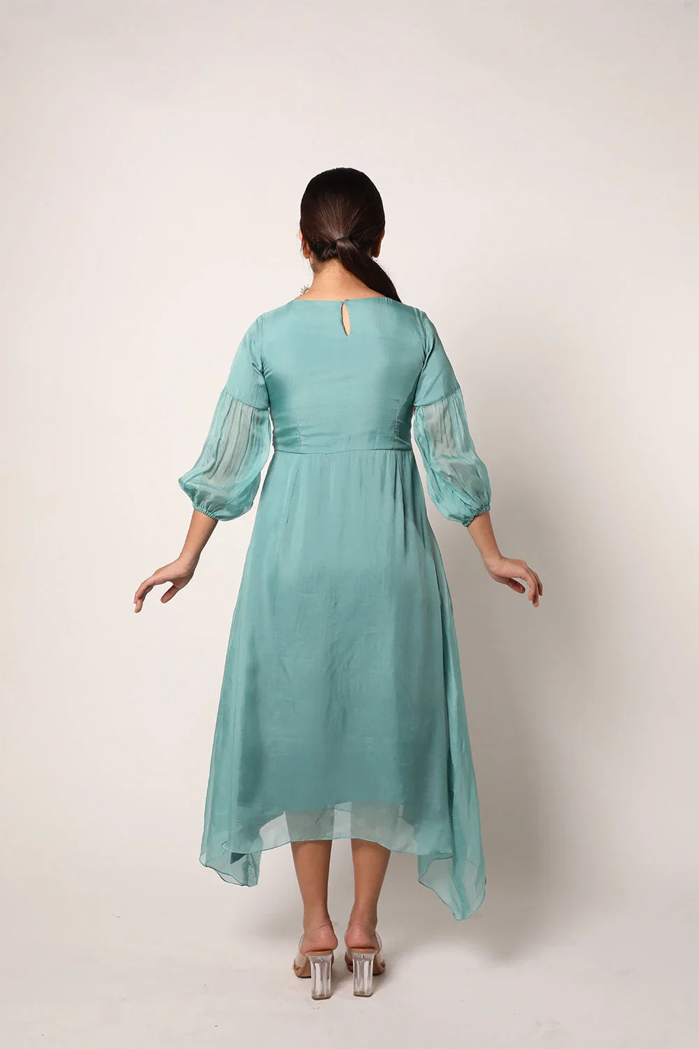 Beautiful Sea Green Organza Calf Length Hand Embroidery Dress