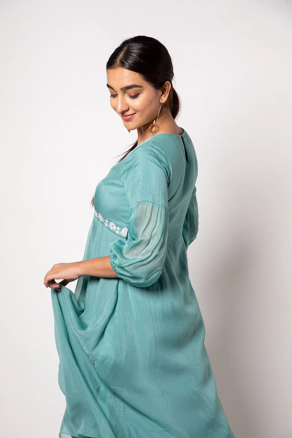 Beautiful Sea Green Organza Calf Length Hand Embroidery Dress