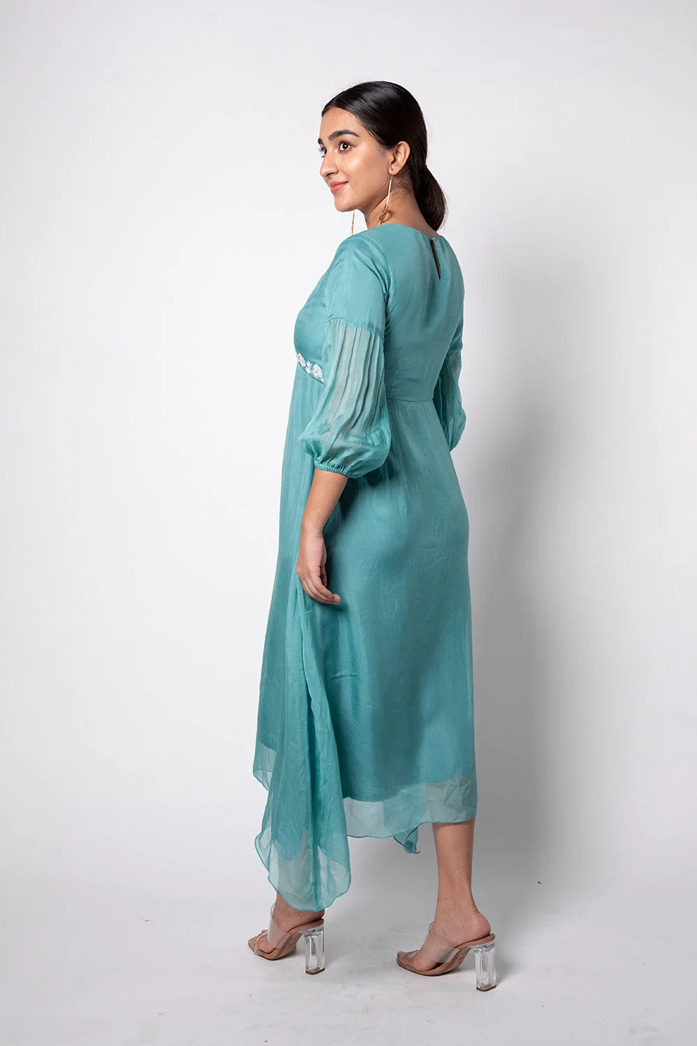 Beautiful Sea Green Organza Calf Length Hand Embroidery Dress