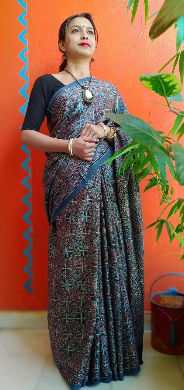 Indigo Blue Modal Silk Ajrakh Handblock Saree Nature Inspired
