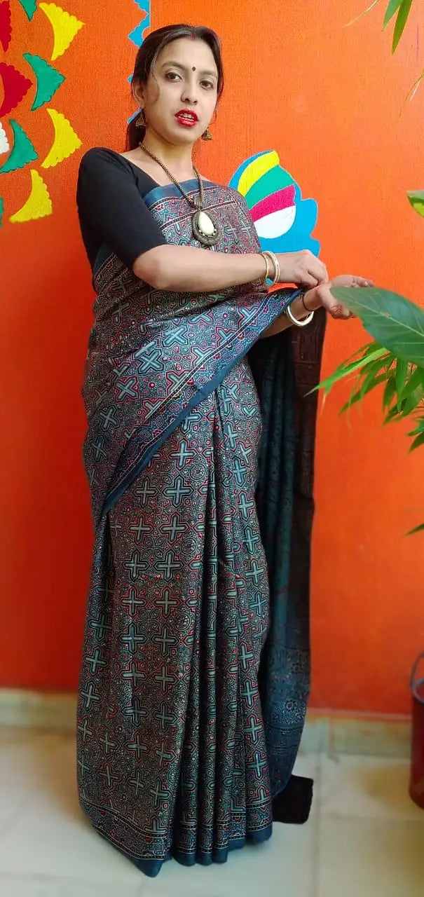 Indigo Blue Modal Silk Ajrakh Handblock Saree Nature Inspired