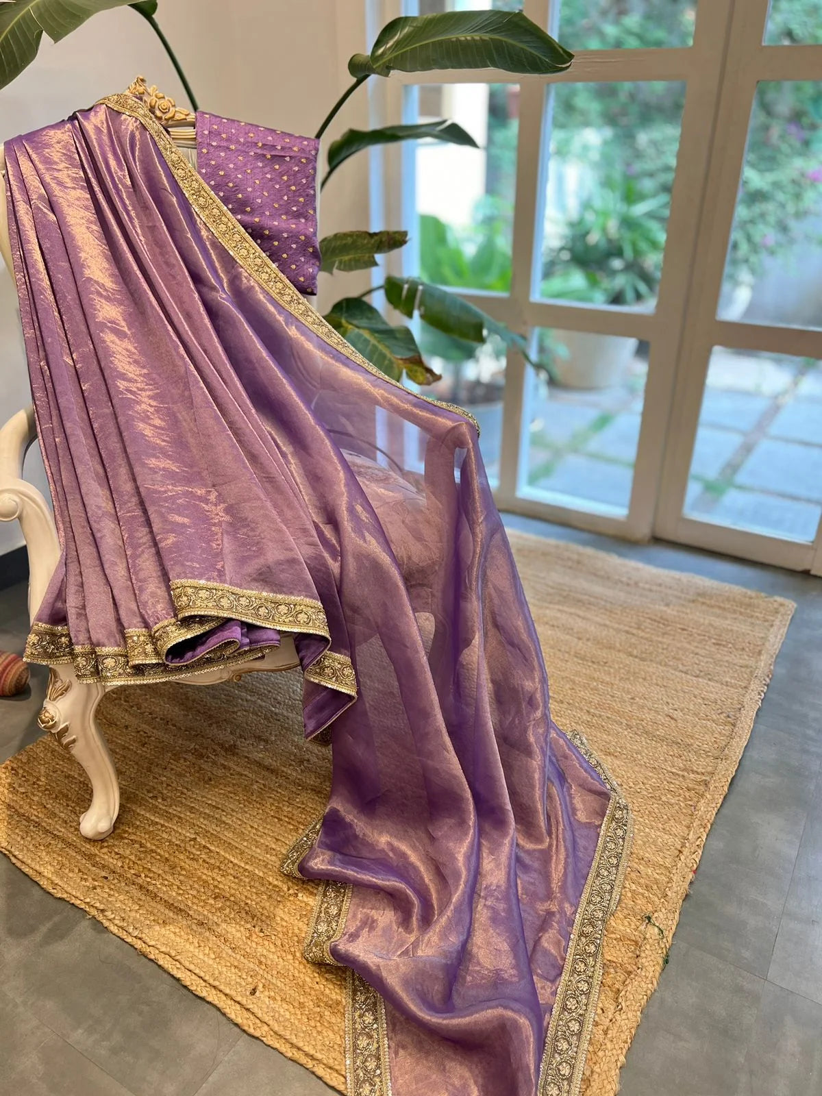 Lavender Handloom Tissue Silk Saree with Handwork Borders - Raw Silk Blouse