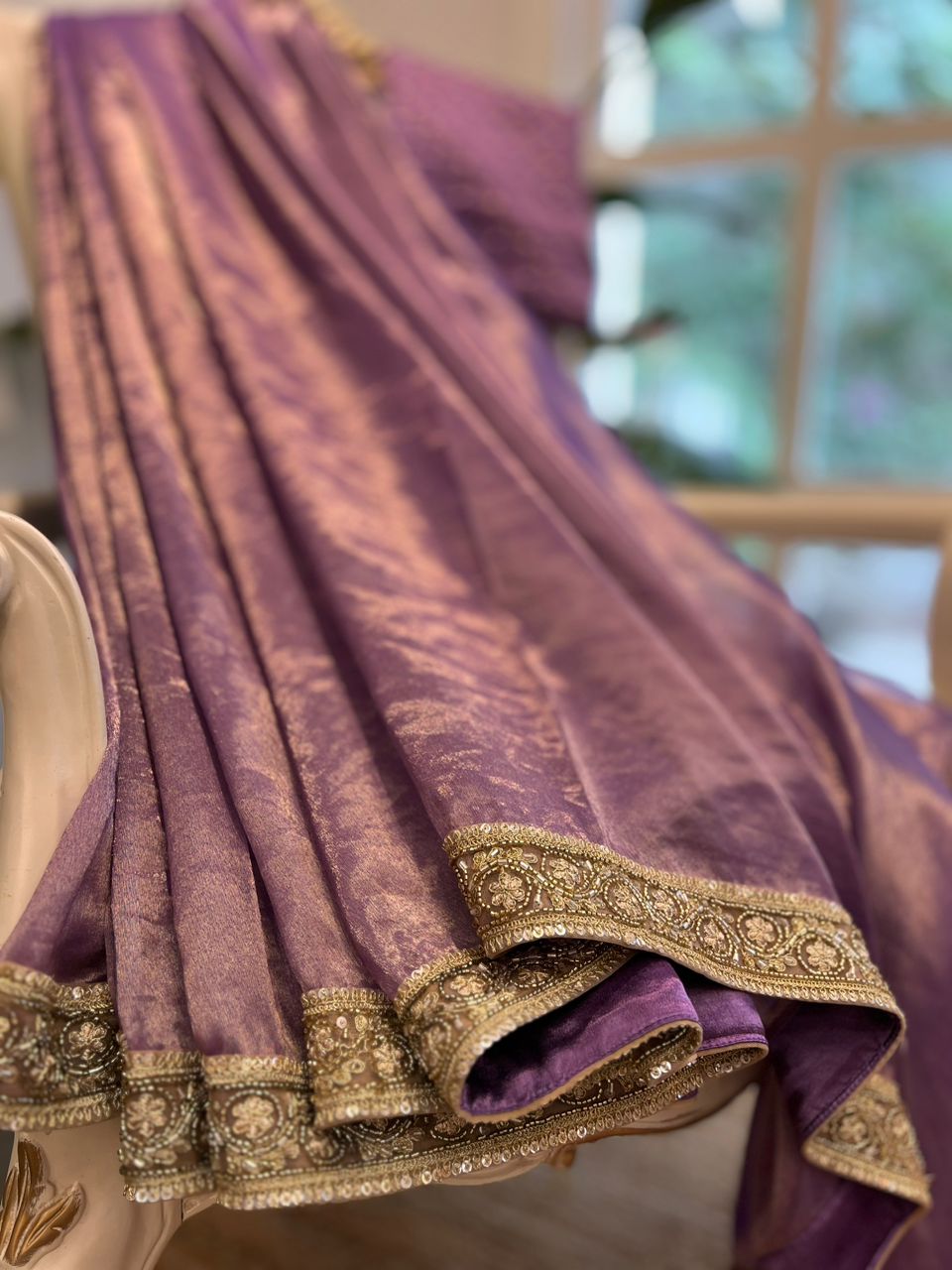 Lavender Handloom Tissue Silk Saree with Handwork Borders - Raw Silk Blouse